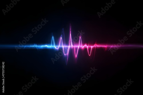 Vibrant neon sound wave visualization glowing with electric blue and magenta hues against a deep black background