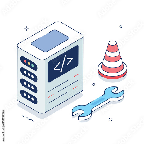 Isometric server maintenance illustration showing tools and database repair.