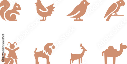 A diverse set of simplified animal icons in a minimalist design, representing a range of fauna, from terrestrial to avian species, perfect for graphic resources.