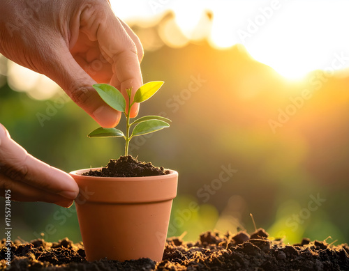 Wallpaper Mural close-up a Hand planting small tree in clay pot with soft morning sunlight, eco lifestyle. Symbolic shot of sustainability and personal connection to nature. Torontodigital.ca