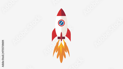 White rocket with red accents and blue circular emblem blasting off with orange flames