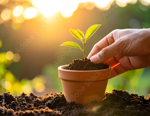 Wallpaper Mural close-up a Hand planting small tree in clay pot with soft morning sunlight, eco lifestyle. Symbolic shot of sustainability and personal connection to nature. Torontodigital.ca