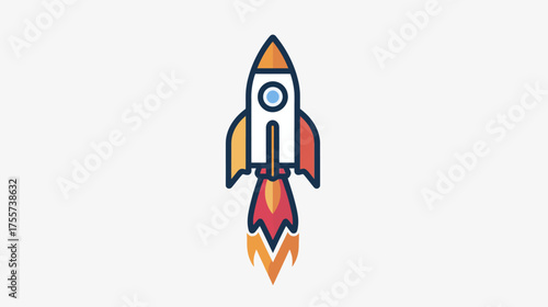 Stylized rocket with flame exhaust blasting off upwards against a white background