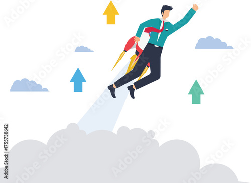 Watch ambitious businessman soar to new heights with rocket-fueled success, achieving goals and breaking through barriers in his career trajectory