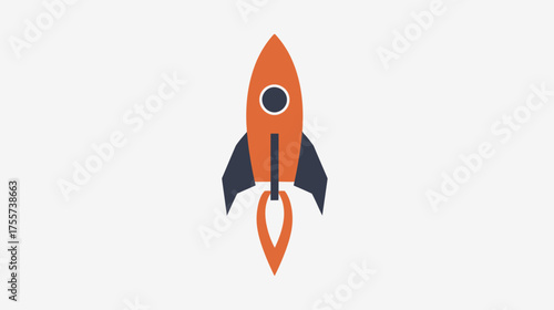 A minimalist, flat design orange rocket ship with dark gray fins and flame