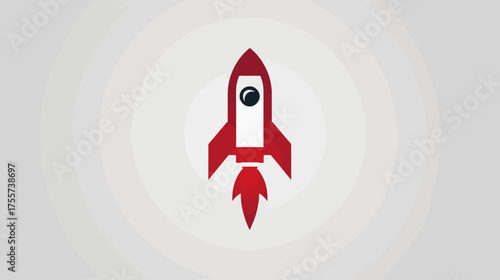 A minimalist red and white rocket ascends, with flame exhaust against a grey, concentric circular background