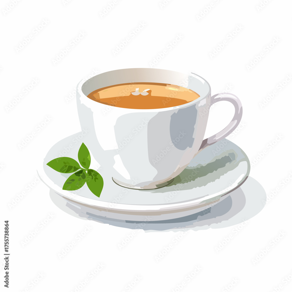 Fototapeta premium Illustration of a white teacup with saucer and green tea leaves