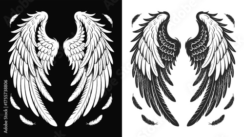 Black and white artistic illustration of angel wings with falling feathers on dark and light backgrounds symbolizing freedom and duality