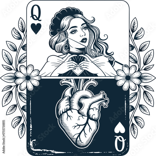 Artistic playing card illustration of queen of hearts featuring elegant woman portrait, anatomical heart, floral frame, and vintage tattoo style