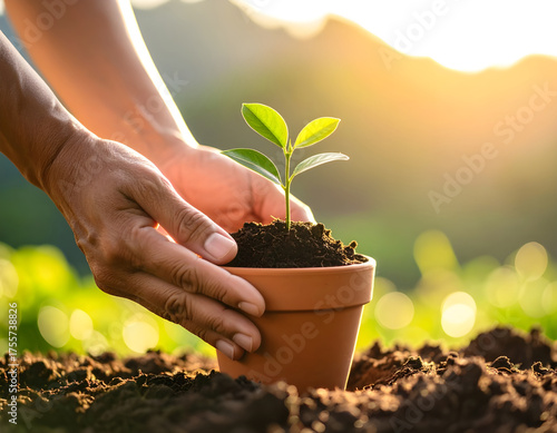 Wallpaper Mural close-up a Hand planting small tree in clay pot with soft morning sunlight, eco lifestyle. Symbolic shot of sustainability and personal connection to nature. Torontodigital.ca