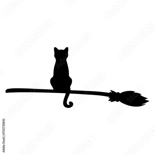 Logo con silueta de gato negro sentado en una escoba de bruja para su uso en felicitaciones y tarjetas de Halloween