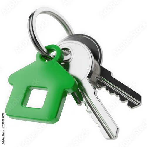 House keychain with green house pendant isolated on transparent or white background, png