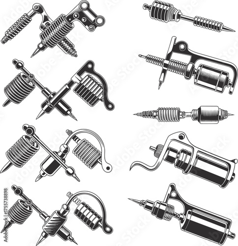 Black and white illustration collection of detailed tattoo machines and needles showcasing professional tattoo equipment and vintage engraving art style