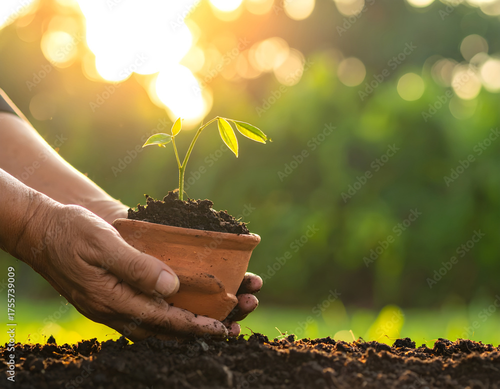 custom made wallpaper toronto digitalclose-up a Hand planting small tree in clay pot with soft morning sunlight, eco lifestyle. Symbolic shot of sustainability and personal connection to nature.