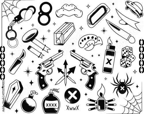 Black and white traditional tattoo flash sheet featuring brass knuckles, revolver, dice, arrows, chains, webs, and vintage old school design