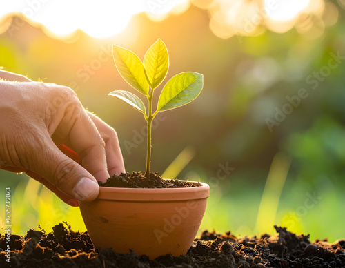 Wallpaper Mural close-up a Hand planting small tree in clay pot with soft morning sunlight, eco lifestyle. Symbolic shot of sustainability and personal connection to nature. Torontodigital.ca