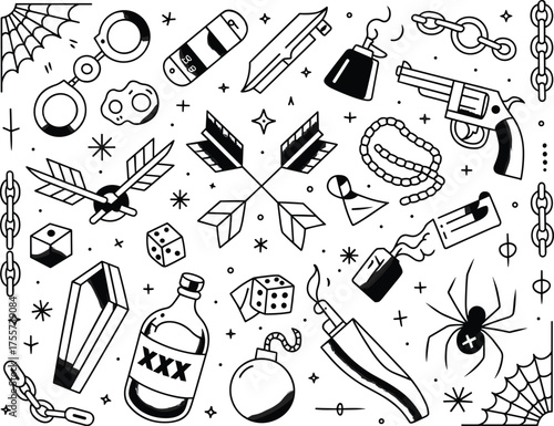 Black and white traditional tattoo flash sheet featuring brass knuckles, revolver, dice, arrows, chains, webs, and vintage old school design