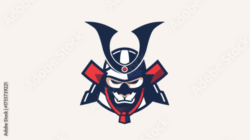 Stylized samurai helmet emblem with red, white, and blue accents on a light background