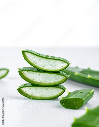 Wallpaper Mural A close-up shot showcases vibrant green aloe vera slices artfully stacked, glistening against a clean white backdrop Torontodigital.ca
