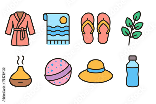 Spa and beach essentials set including robe, towel, flip-flops, and more