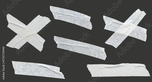 Set of white adhesive tape. Duct tape strip. Torn pieces of masking tap, scotch. Collection of realistic tape band. Design element, crumpled folded ribbon. Crossed White Masking Tape Pieces Vector kit