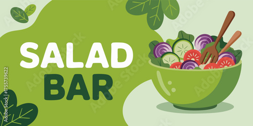 Salad Bar illustration colorful vegetables in a green bowl with wooden utensils against a green  lightgreen background