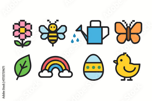 Colorful spring icons featuring nature and easter elements