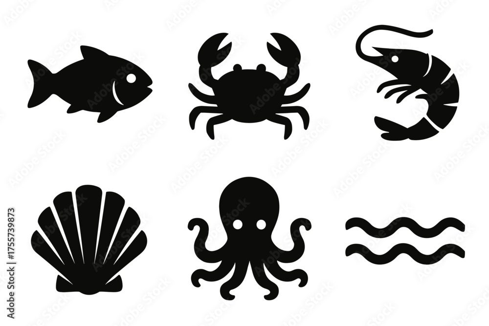 Fototapeta premium Marine animal silhouettes: fish, crab, shrimp, shell, octopus, waves