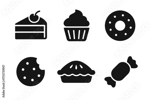 Set of dessert icons: cake, cupcake, donut, cookie, pie, candy