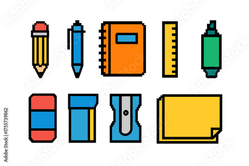 Colorful pixel art school supplies: pencils, notebooks, ruler, eraser, sharpener