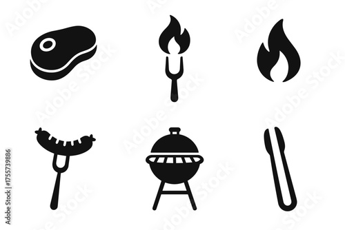 Barbecue icons set: steak, sausage, fork, flame, grill, tongs in black silhouette