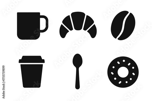 Black icons of coffee mug, croissant, coffee bean, to-go cup, spoon, and donut on white