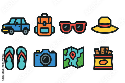 Colorful travel icons: car, backpack, sunglasses, hat, flip-flops, camera, map, snacks