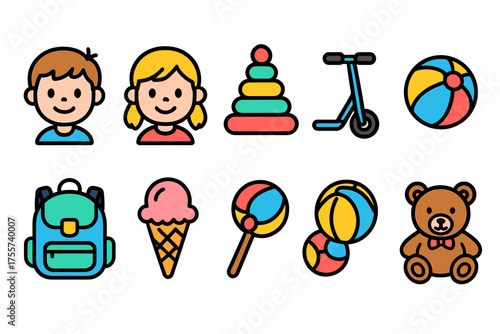 Colorful cartoon of kids, toys, and accessories