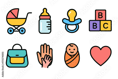 Colorful baby essentials icons set: stroller, bottle, pacifier, blocks, bag, hands, swaddled infant, heart