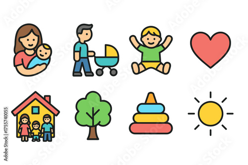 Family icons: parents, baby, stroller, heart, home, tree, toys, sun