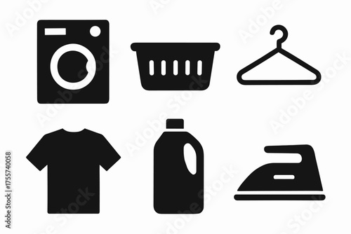 Laundry symbols: washing machine, laundry basket, clothes hanger, t-shirt, detergent, iron