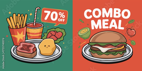Two meal combos one with 70 off including fries drink toast and nugget the other is a burger combo meal