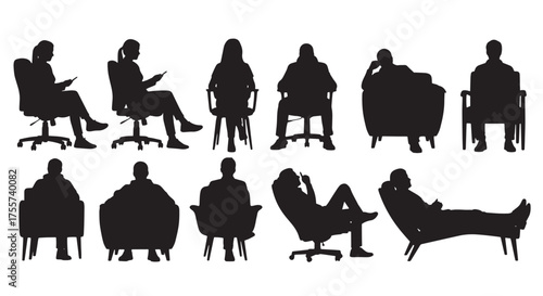 Vector illustration of people silhouettes collection, including business men, fashion couple, and children, plus animal silhouettes like horse, camel, and dog, all in black art style