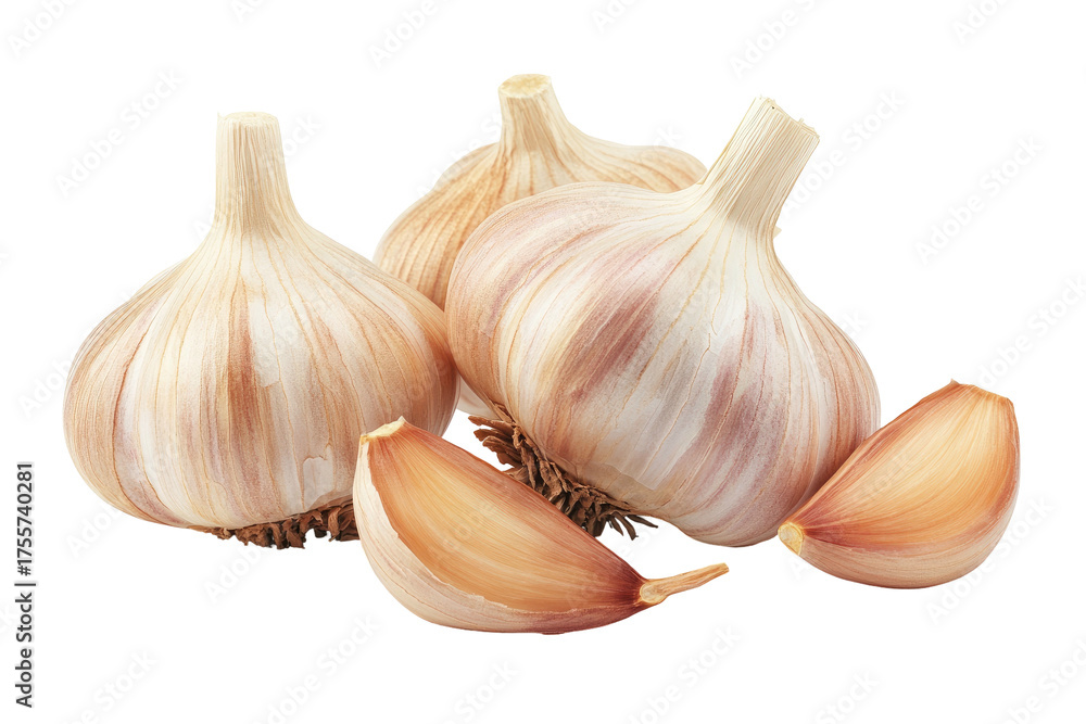 Fototapeta premium Pile of garlic bulbs and cloves, tan and white