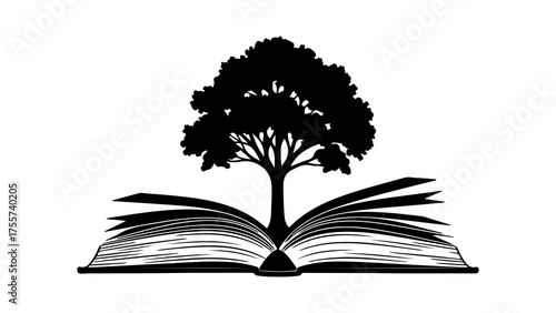 Open book with tree growing with transparent background