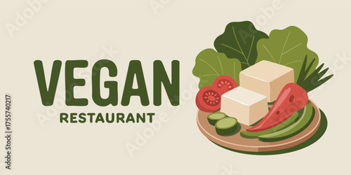 Vegan Restaurant image Veggies tofu lettuce and red peppers arranged on a wooden plate beside text