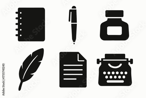 Classic writing tools silhouettes: notebook, pen, ink, quill, paper, typewriter icons