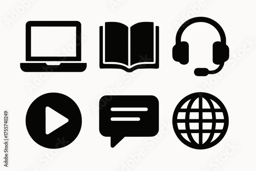 Technology and learning icons: laptop, book, headset, play, message, globe