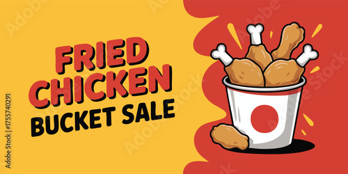 A bucket of fried chicken with Fried Chicken Bucket Sale text against a yellow and red background