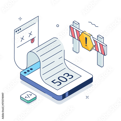 Isometric illustration of mobile page showing 503 service unavailable website error.