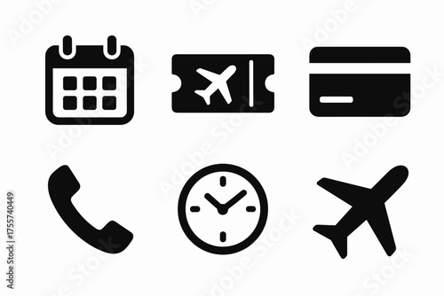 Travel icons: calendar, ticket, credit card, phone, clock, airplane