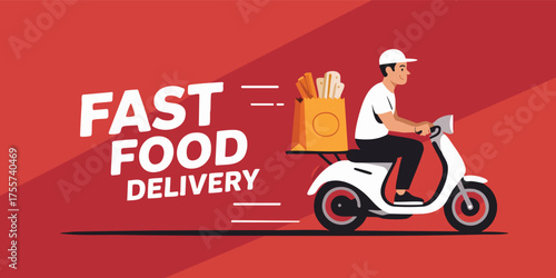 A fast food delivery scene showing a scooter rider with a food bag on a red background