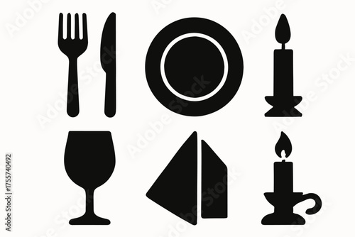 Dining icons: fork, knife, plate, candle, wine glass, napkin for table setting
