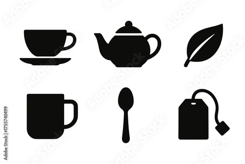 Silhouette icons of tea cup, teapot, leaf, mug, spoon, and teabag